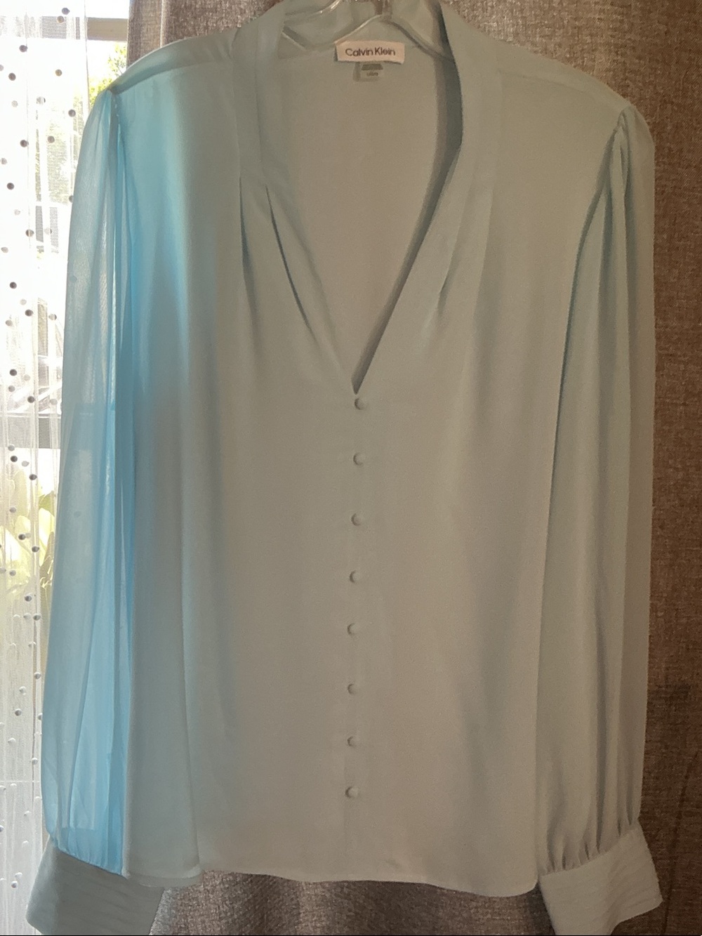 Calvin Klein Light Blue V-Neck Button Front Blouse with Sheer Sleeves